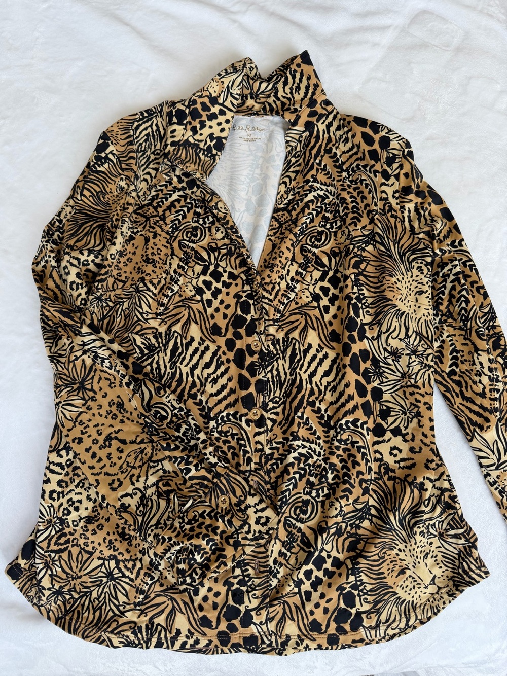 Lilly Pulitzer Animal Print Button-Up Blouse in Tan & Black